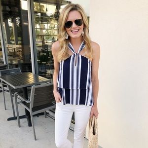 Blue and white striped halter top